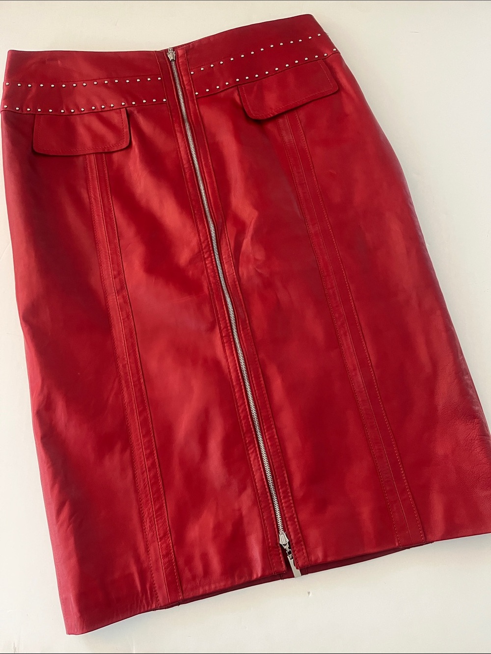 Doncaster Red Leather Pencil Skirt with Front Zip